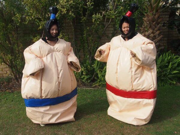 2 Girls in Inflatable Adult Sumo Suits